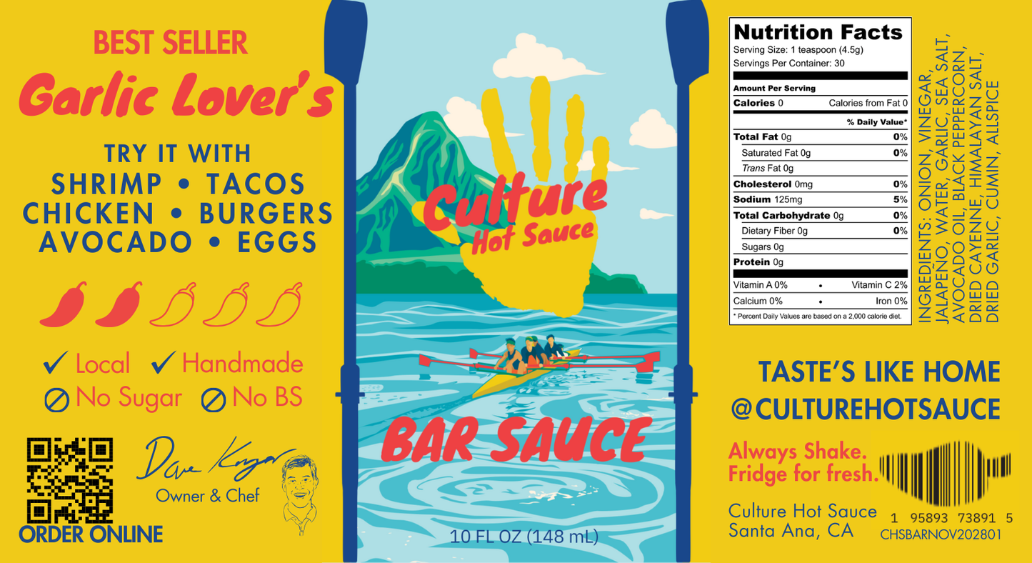 Bar sauce label, best seller, garlic salt and pepper, good on everything, most flavorful, culture hot sauce bottle, front image rowing in Hawaii, no sugar made in America, no preservatives, local, handmade