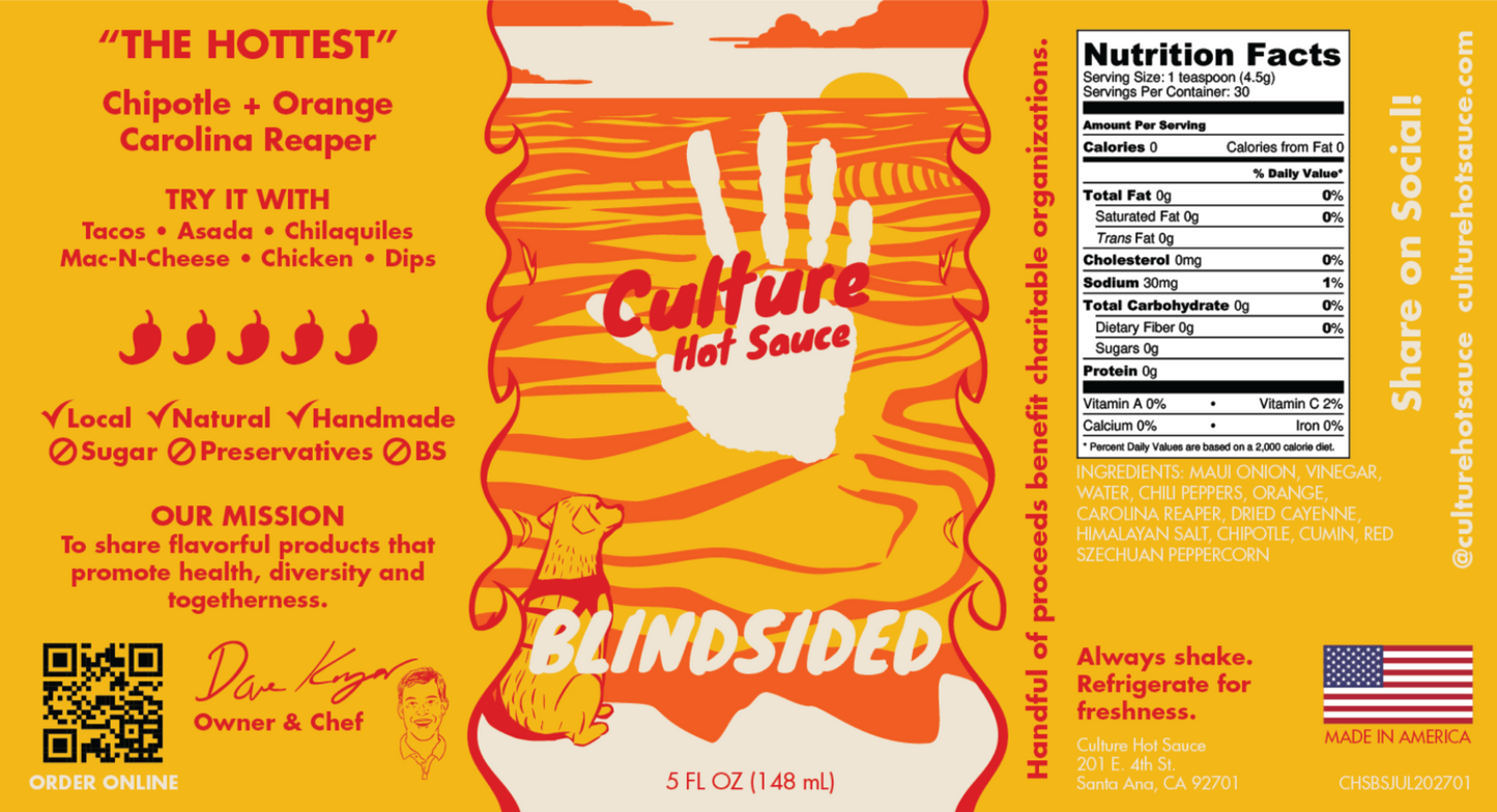 blindsided hot sauce label, chipotle, orange, Carolina reaper, jalapeño, cultures hottest, very flavorful, no sugar, no preservatives, handmade in America
