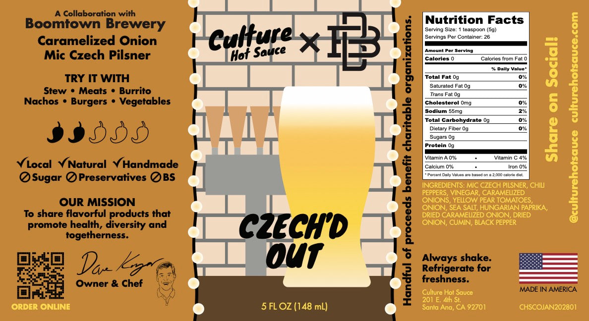 A tribute to Czech cuisine this sauce is crafted in collaboration with Boomtown Brewing in Los Angeles' Arts District, featuring their Mic Czech Pilsner and rich caramelized onions. Inspired by traditional Czech goulash, we’ve infused it with an incredible pilsner to truly capture Czech culture.
Ingredients: Mic Czech Pilsner, chili peppers, vinegar, caramelized onions, yellow pear tomatoes, onion, sea salt, Hungarian paprika, dried caramelized onion, dried onion, cumin, black pepper.