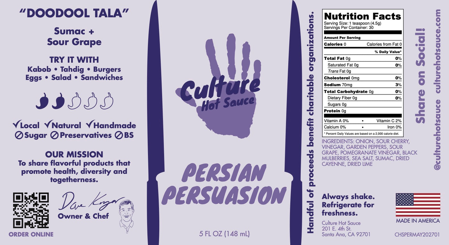 Sour Cherry & Sumac Hot Sauce – Persian-Inspired Delight
A tangy, sumac-forward blend with pomegranate and sour grape, this Persian-inspired hot sauce brings a unique sour flavor with moderate heat. Perfect for adding depth to a variety of dishes, it’s a table staple for those who crave a balance of tanginess and heat.
Ingredients: Onion, Sour Cherry, Vinegar, Garden Peppers, Sour Grape, Pomegranate Vinegar, Black Mulberries, Sea Salt, Sumac, Dried Cayenne, Dried Lime
Great on: Persian food (Gormeh Sabzi,