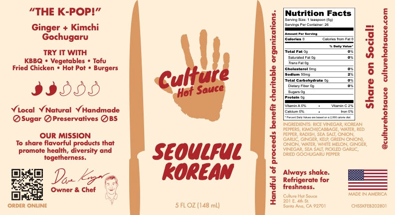 Hot sauce label of Seoulful Korean by Culture Hot Sauce. A bold and exciting ginger and kimchi sauce with bright, zesty flavors. Perfect for those who love the punch of fresh ginger!
