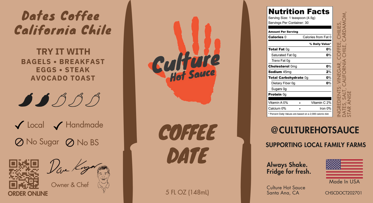 Experience the bold fusion of fresh roasted coffee and sun-dried desert dates in our artisan Coffee & Dates Hot Sauce. Made with locally sourced California chilis, this sauce delivers rich, deep flavors reminiscent of enchilada and mole sauces.
Perfect for elevating your favorite café staples like bagels, breakfast burritos, and savory pastries—or adding complex depth to a perfectly cooked steak.
Great on: Bagels, breakfast dishes, eggs, steak, avocado toast.
Ingredients: Vinegar, coffee, chilies, dates,