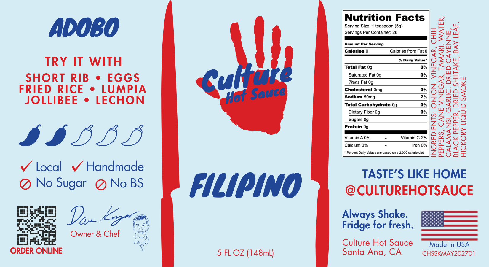 Experience a Filipino-inspired burst of flavor with this Adobo-inspired hot sauce. Crafted to be both authentic and versatile, this sauce is tangy, sweet, savory, and deeply flavorful. Made with cane vinegar, soy sauce, bay leaves, black pepper, onion, and garlic, it captures the essence of Filipino adobo while complementing a variety of dishes.
