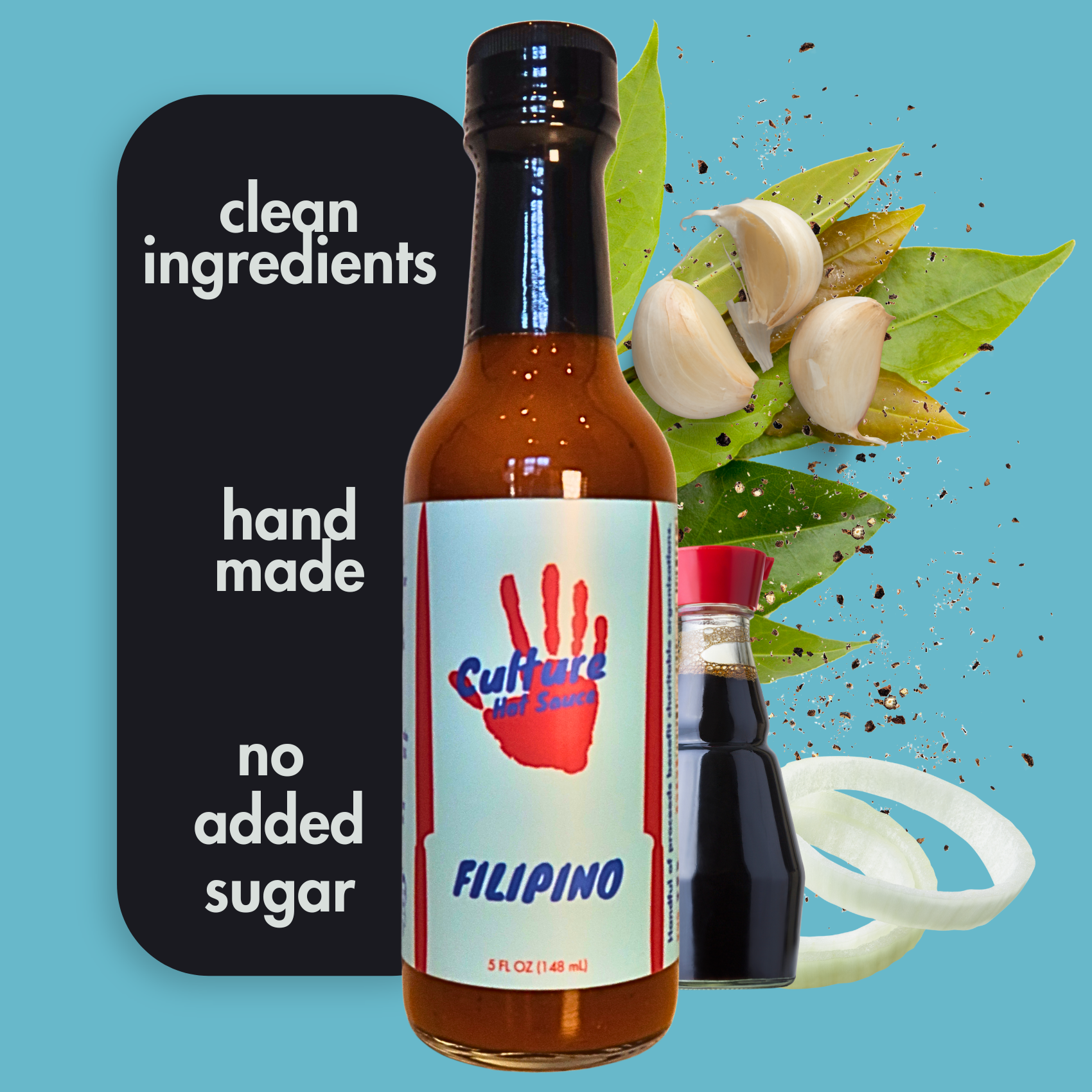 Experience a Filipino-inspired burst of flavor with this Adobo-inspired hot sauce. Crafted to be both authentic and versatile, this sauce is tangy, sweet, savory, and deeply flavorful. Made with cane vinegar, soy sauce, bay leaves, black pepper, onion, and garlic, it captures the essence of Filipino adobo while complementing a variety of dishes.