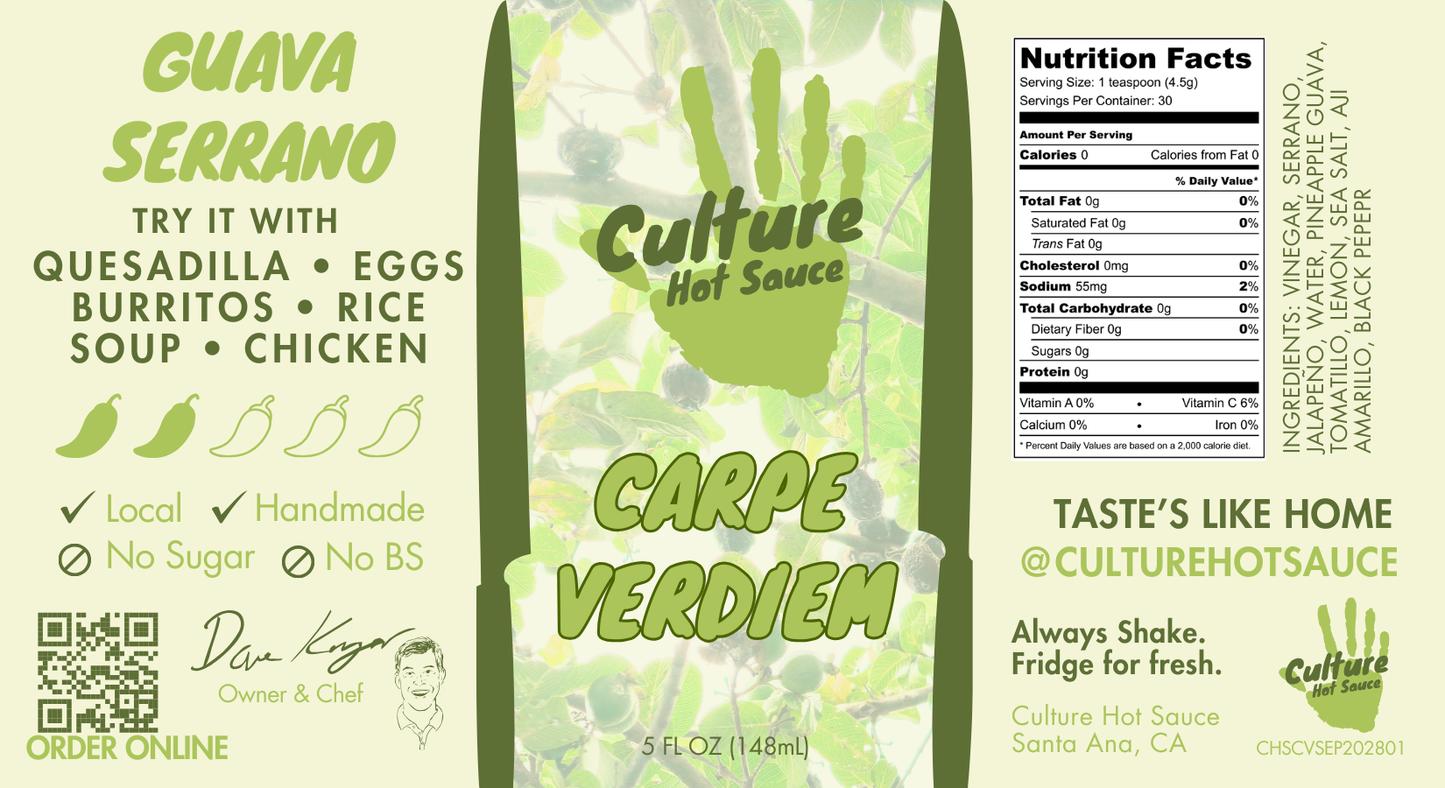 Roasted tomatillo and serrano peppers paired with sweet pineapple guava for a unique verde sauce. This vibrant, medium-heat sauce includes ingredients like vinegar, jalapeño, aji amarillo, and black peppercorn. Perfect for eggs, chicken, burritos, rice, soup, quesadillas, and salmon. full label