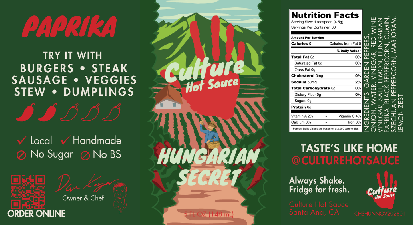 Experience the bold, world-renowned flavor of Hungarian paprika in this sweet pepper-based hot sauce. Featuring bright notes of lemon zest and aromatic herbs, this sauce delivers deep, savory richness without any sugar or preservatives similar to sriracha but with a unique twist.
🌶 Sweet pepper base, infused with Hungarian paprika
🥄 Rich, balanced flavor with citrus and herbaceous notes
🔥 Versatile pairing Perfect for steak, roasted vegetables, chicken pot pie, stews, sausage, burritos, dumplings meat