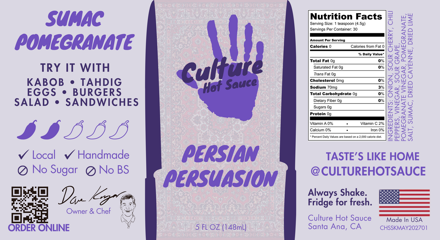 Sour Cherry & Sumac Hot Sauce – Persian-Inspired Delight
A tangy, sumac-forward blend with pomegranate and sour grape, this Persian-inspired hot sauce brings a unique sour flavor with moderate heat. Perfect for adding depth to a variety of dishes, it’s a table staple for those who crave a balance of tanginess and heat.
Ingredients: Onion, Sour Cherry, Vinegar, Garden Peppers, Sour Grape, Pomegranate Vinegar, Black Mulberries, Sea Salt, Sumac, Dried Cayenne, Dried Lime
Great on: Persian food (Gormeh Sabzi,
