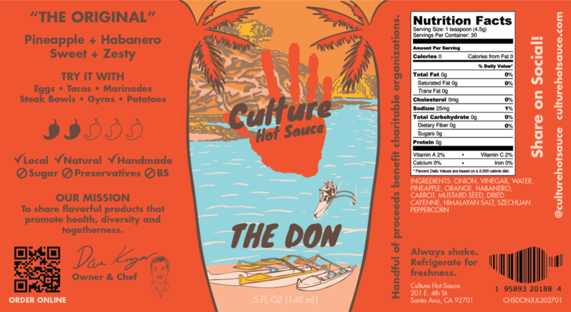 The Don Hot Sauce label – Culture Hot Sauce’s original classic! A bold blend of pineapple, habanero, and mustard seed, delivering a bright, exciting flavor with a slow-burning heat. Bottle surrounded by fresh ingredients, showcasing its tropical, tangy, and fiery essence.