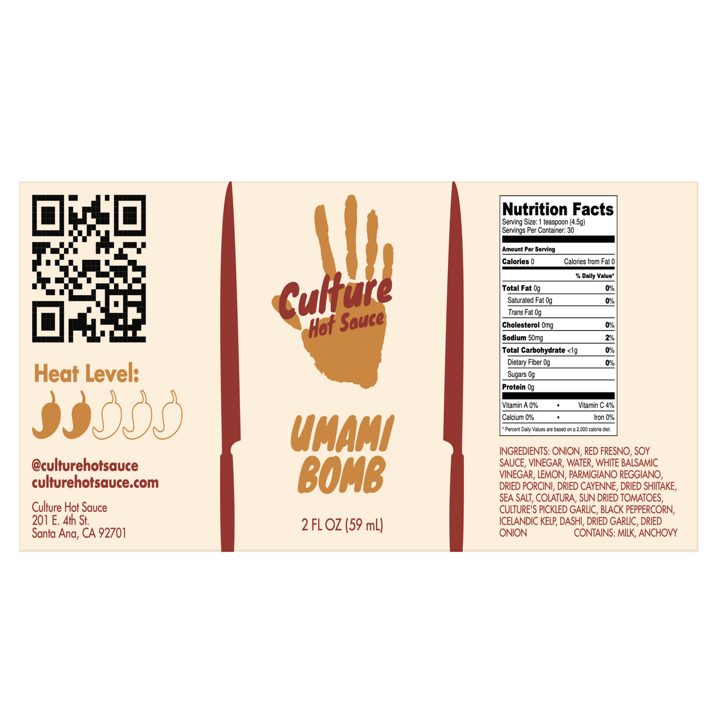 Umami Bomb Culture Hot Sauce Label- a Japanese-style hot sauce with an Italian flair, featuring pickled black garlic, colatura di Alici, ponzu, and a premium dashi blend. Bursting with natural umami richness, deep, lingering flavor with no added MSG.
Great on: Poke, steak, fried rice, ramen, Hawaiian dishes, chicken, dumplings, hot pot.
Ingredients: Onion, rice vinegar, chili pepper medley, tamari (gluten-free), water, yuzu, fish sauce, sun-dried tomato, porcini, sea salt, dried cayenne, pickled garlic