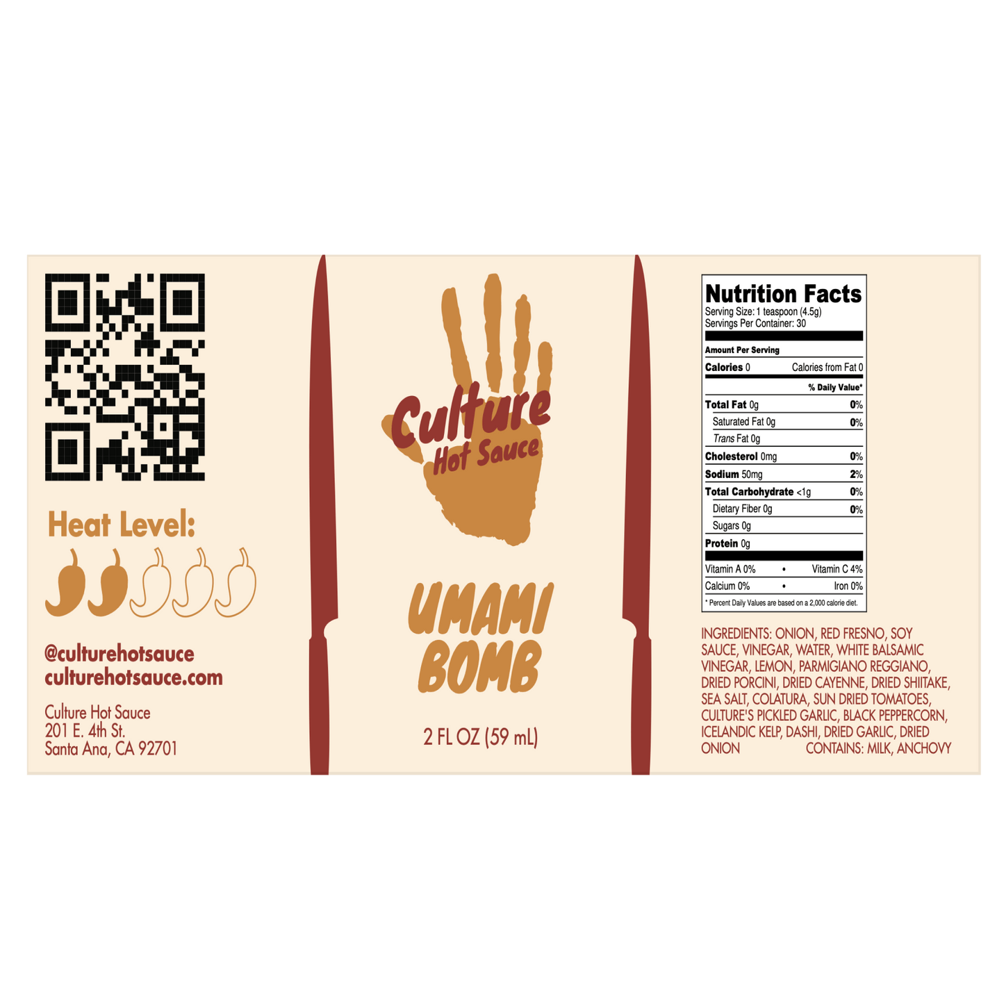 Umami hot sauce label,  Japanese style hot sauce with an Italian flare, an umami rich hot sauce with all of the added umami coming from natural ingredients and no msg added, a true experience of umami, ponzu, mushroom, high end personal made dashi mix, black pickled garlic