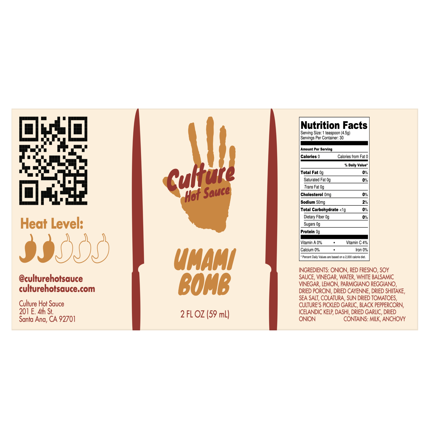 Umami hot sauce label,  Japanese style hot sauce with an Italian flare, an umami rich hot sauce with all of the added umami coming from natural ingredients and no msg added, a true experience of umami, ponzu, mushroom, high end personal made dashi mix, black pickled garlic