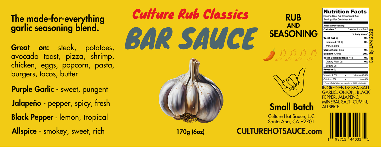 A bold, garlicky, and umami-packed RUB seasoning blend featuring garlic, jalapeño, onion, mineral salt, black pepper, cumin, and allspice. Inspired by our best-selling Bar Sauce, this lightly salted blend is perfect for steak, potatoes, avocado toast, pizza, shrimp, chicken, eggs, popcorn, pasta, burgers, tacos, and cowboy butter. The ultimate made-for-everything garlic seasoning to enhance every meal with rich, savory depth. full spice label