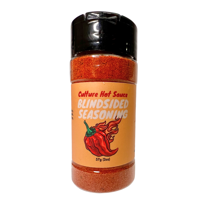 blindsided hot seasoning, chipotle, orange, Carolina reaper, jalapeño, cultures hottest, very flavorful, salt free
