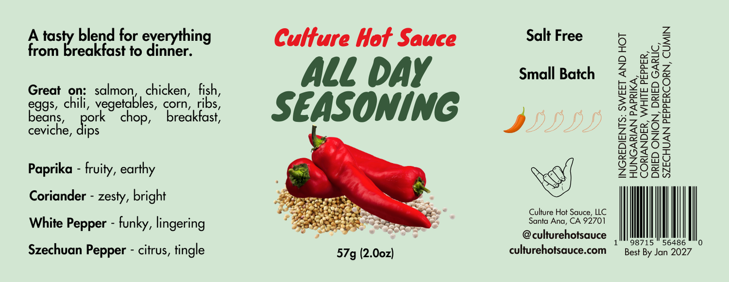 A vibrant, salt-free all-purpose seasoning blend featuring Hungarian paprika, dried garlic, dried onion, coriander seed, white pepper, and Szechuan peppercorn for a bold, zesty, and citrus-forward flavor with a lingering kick. Perfect as a rub or seasoning for salmon, chicken, fish, eggs, chili, vegetables, corn, ribs, beans, pork chops, breakfast, ceviche, and dips. Elevate your dishes with this aromatic, well-balanced spice mix! A tasty blend for everything from breakfast to dinner. Spice label image.