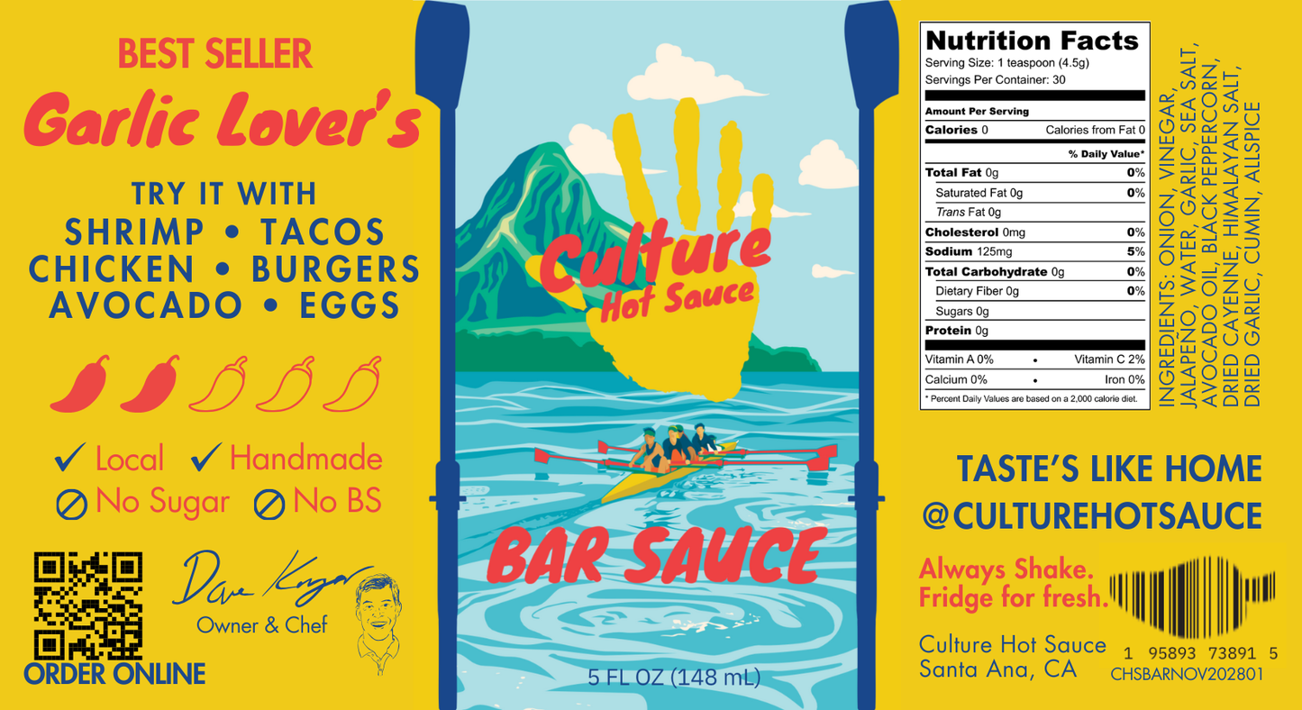 Bar sauce label, best seller, garlic salt and pepper, good on everything, most flavorful, culture hot sauce bottle, front image rowing in Hawaii, no sugar made in America, no preservatives, local, handmade