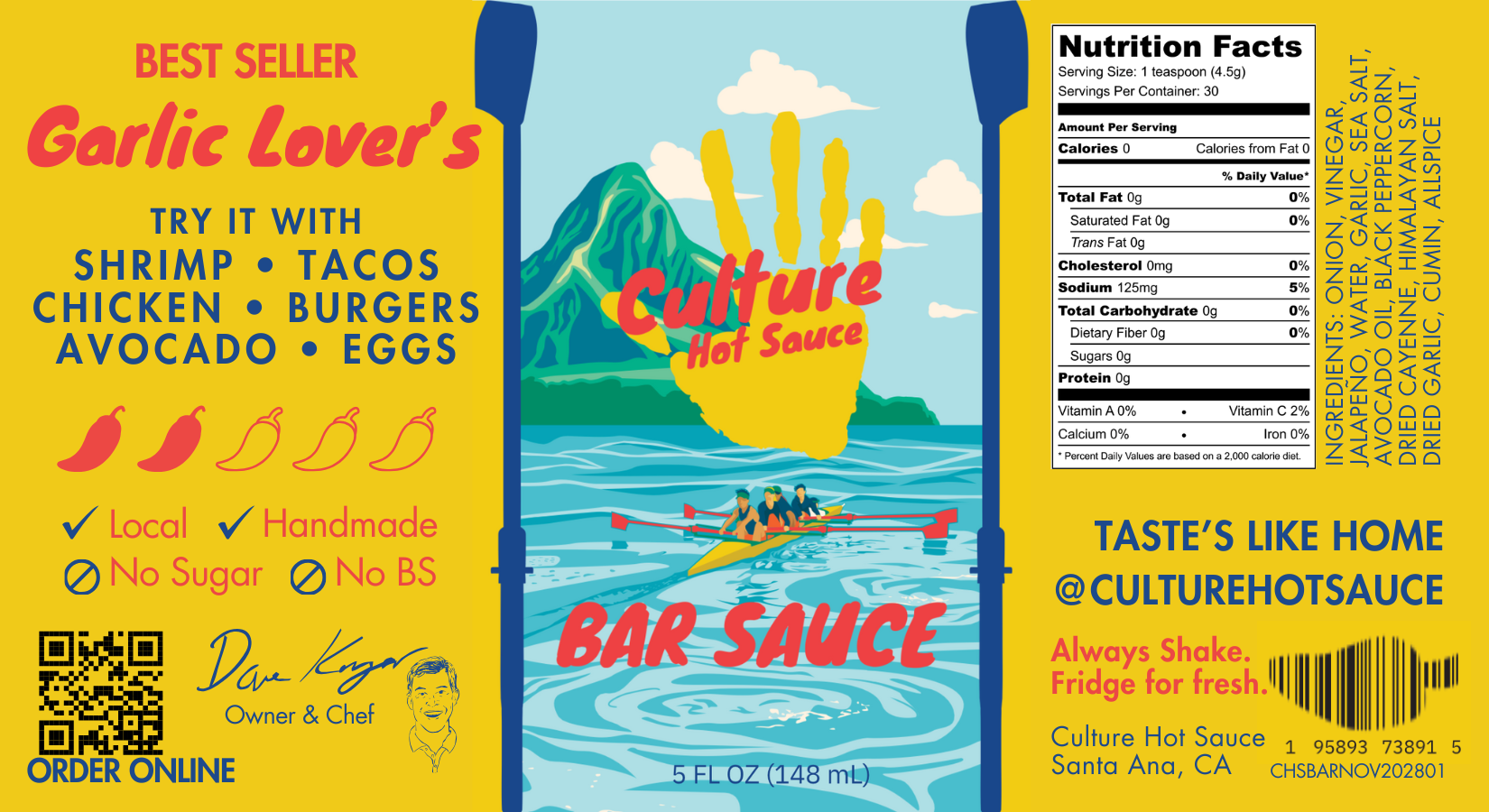 Bar sauce label, best seller, garlic salt and pepper, good on everything, most flavorful, culture hot sauce bottle, front image rowing in Hawaii, no sugar made in America, no preservatives, local, handmade