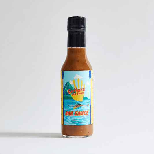 Bar sauce, best seller, garlic jalapeños salt and pepper, good on everything, most flavorful, culture hot sauce bottle, front image rowing in Hawaii