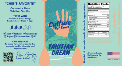 Tahitian dream culture hot sauce bottle,  Tahitian vanilla bean hot sauce, chefs favorite, exquisite, coconut lime Tahitian vanilla bean, poisson cru, chefs favorite
