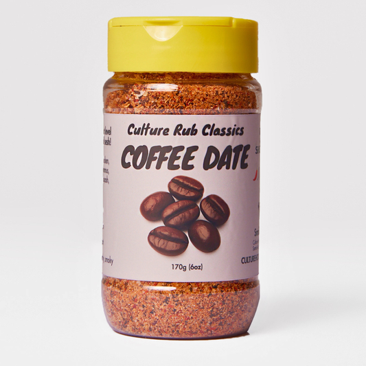 coffee date rub seasoning photo in a jar.  coffee beans culture hot sauce's rub classics