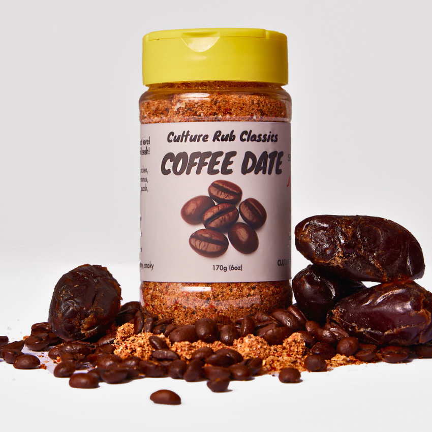 coffee date rub seasoning photo in a jar surrounded by fresh dates and coffee beans.  coffee beans culture hot sauce's rub classics