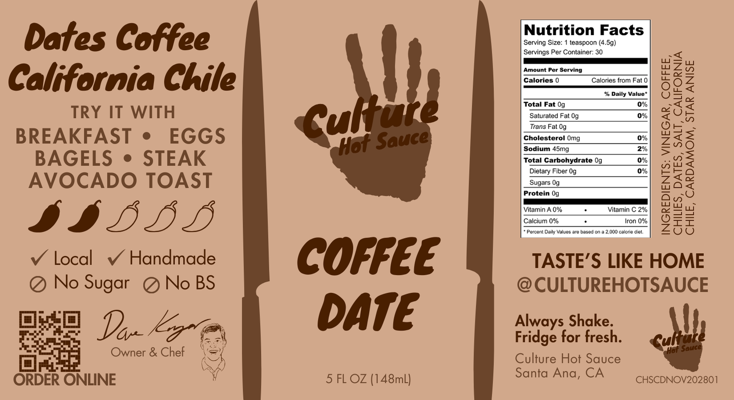 Experience the bold fusion of fresh roasted coffee and sun-dried desert dates in our artisan Coffee & Dates Hot Sauce. Made with locally sourced California chilis, this sauce delivers rich, deep flavors reminiscent of enchilada and mole sauces. 
 Perfect for elevating your favorite café staples like bagels, breakfast burritos, and savory pastries—or adding complex depth to a perfectly cooked steak.
Great on: Bagels, breakfast dishes, eggs, steak, avocado toast.
Ingredients: Vinegar, coffee, chilies, dates,