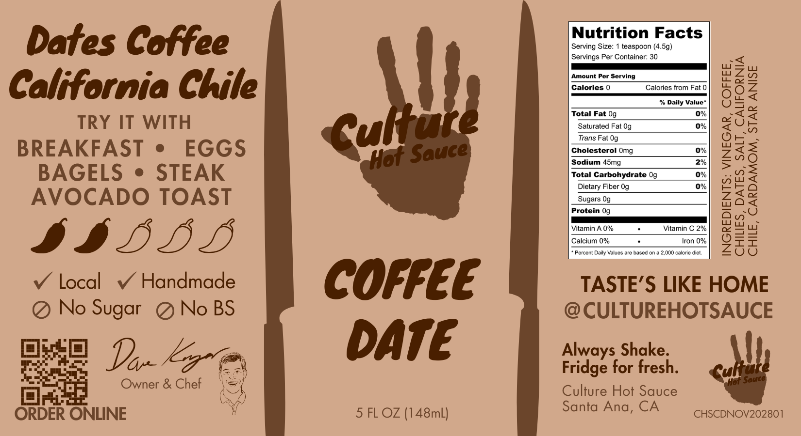 Experience the bold fusion of fresh roasted coffee and sun-dried desert dates in our artisan Coffee & Dates Hot Sauce. Made with locally sourced California chilis, this sauce delivers rich, deep flavors reminiscent of enchilada and mole sauces. 
 Perfect for elevating your favorite café staples like bagels, breakfast burritos, and savory pastries—or adding complex depth to a perfectly cooked steak.
Great on: Bagels, breakfast dishes, eggs, steak, avocado toast.
Ingredients: Vinegar, coffee, chilies, dates,