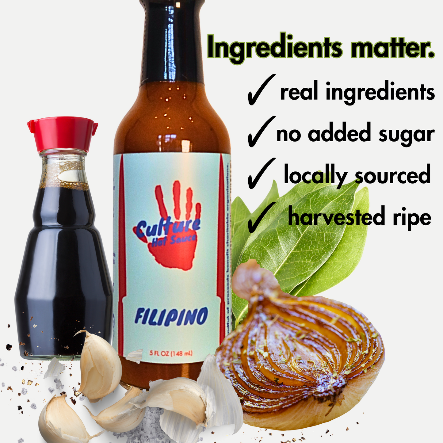 Experience a Filipino-inspired burst of flavor with this Adobo-inspired hot sauce.  Crafted to be both authentic and versatile, this sauce is tangy, sweet, savory, and deeply flavorful.  Made with cane vinegar, soy sauce, bay leaves, black pepper, onion, and garlic, it captures the essence of Filipino adobo while complementing a variety of dishes.