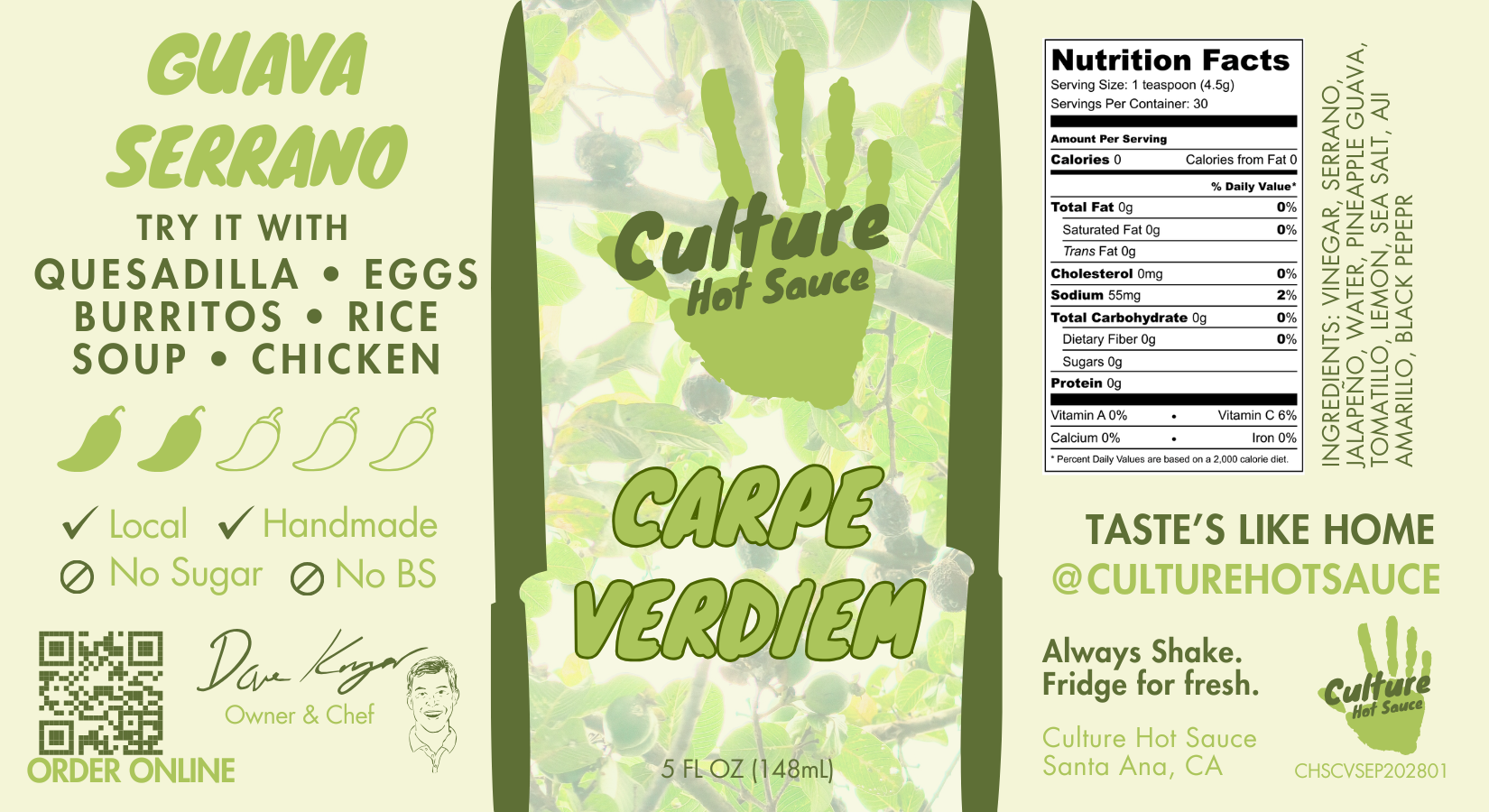 Roasted tomatillo and serrano peppers paired with sweet pineapple guava for a unique verde sauce.  This vibrant, medium-heat sauce includes ingredients like vinegar, jalapeño, aji amarillo, and black peppercorn.  Perfect for eggs, chicken, burritos, rice, soup, quesadillas, and salmon. full label