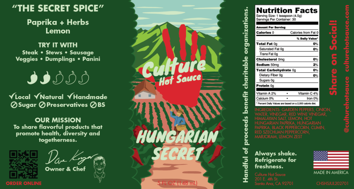 Hungarian secret hot sauce label, sweet pepper, red Fresno, the best Hungarian paprika, lemon and herbs, a best selling hot sauce