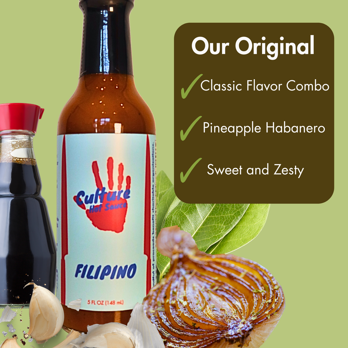 Experience a Filipino-inspired burst of flavor with this Adobo-inspired hot sauce.  Crafted to be both authentic and versatile, this sauce is tangy, sweet, savory, and deeply flavorful.  Made with cane vinegar, soy sauce, bay leaves, black pepper, onion, and garlic, it captures the essence of Filipino adobo while complementing a variety of dishes.