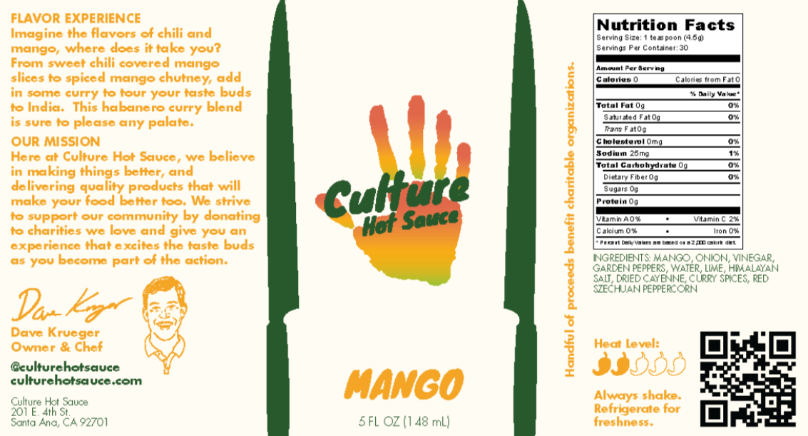 Mango hot sauce label, curry, sweet heat, Serrano chili, like a mango chutney