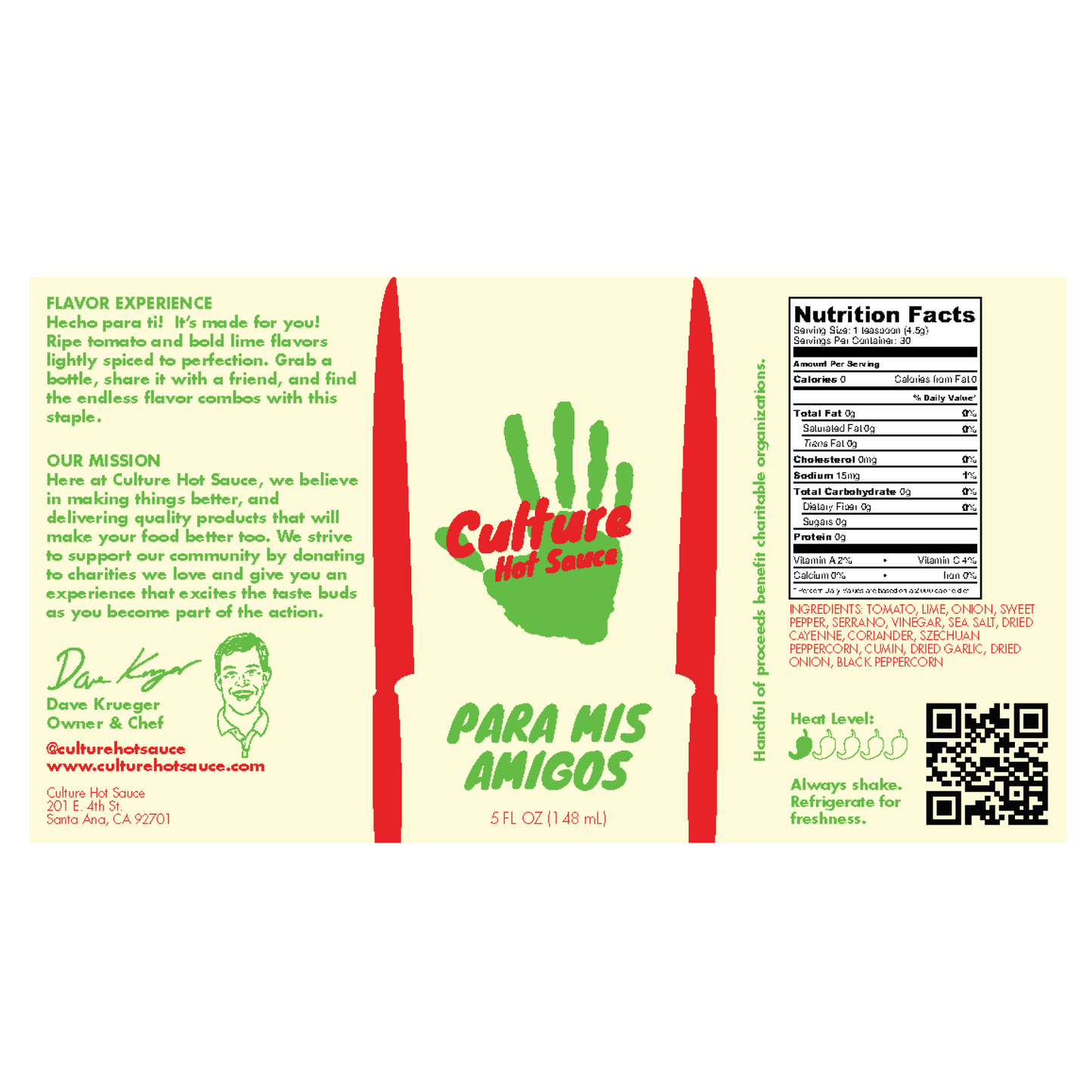 Para Mis Amigos hot sauce label, heirloom tomato and lime, everyday Mexican hot sauce