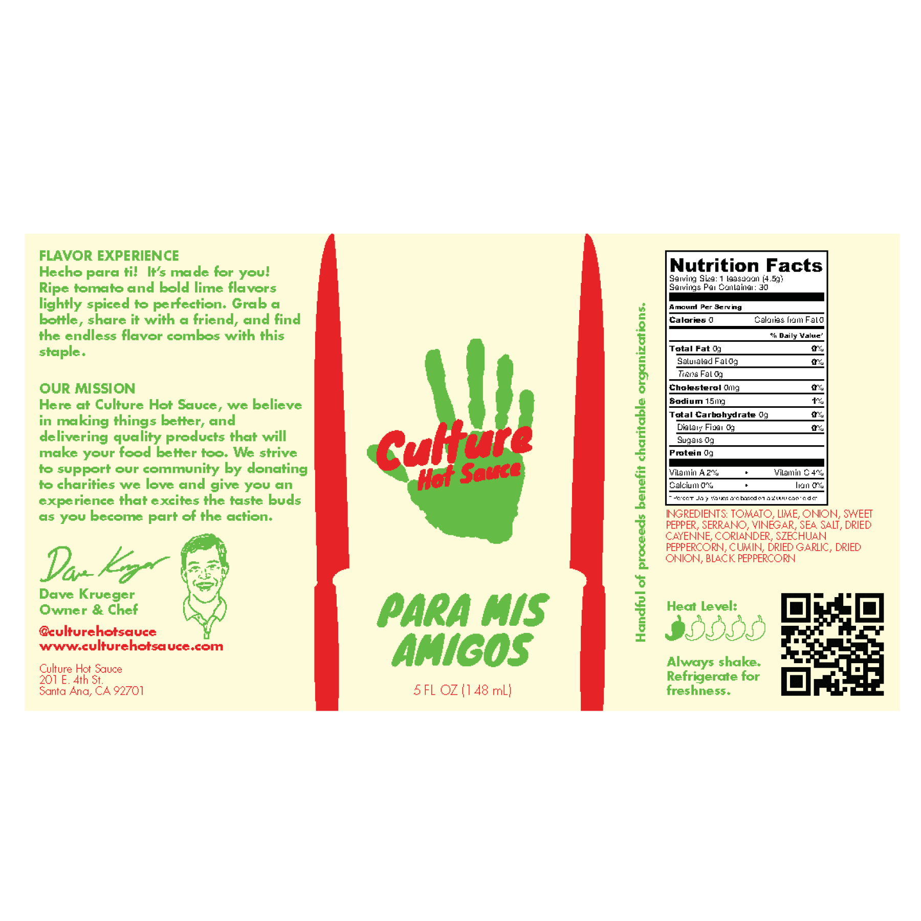 Para Mis Amigos hot sauce label, heirloom tomato and lime, everyday Mexican hot sauce