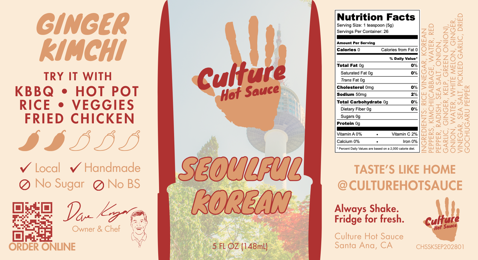 Hot sauce label of Seoulful Korean by Culture Hot Sauce.  A bold and exciting ginger and kimchi sauce with bright, zesty flavors.  Perfect for those who love the punch of fresh ginger!