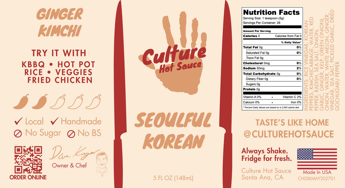 Hot sauce label of Seoulful Korean by Culture Hot Sauce.  A bold and exciting ginger and kimchi sauce with bright, zesty flavors.  Perfect for those who love the punch of fresh ginger!