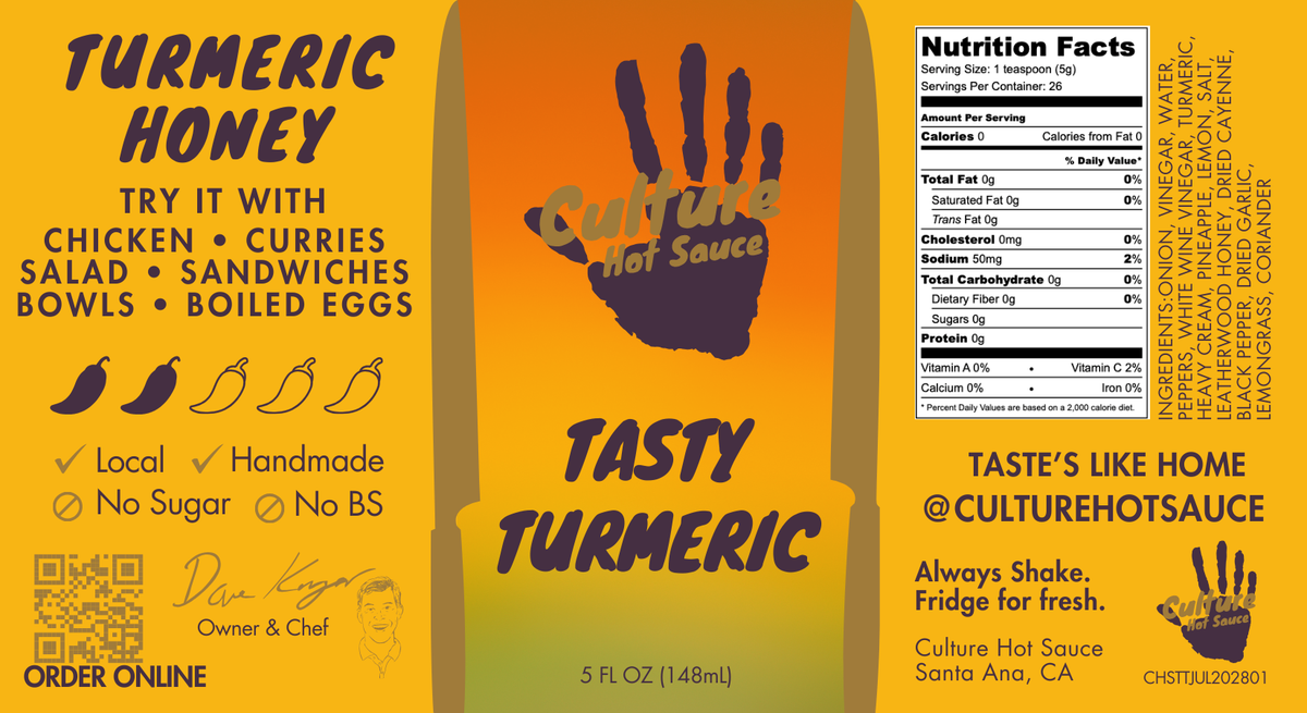 A yellow and orange package design for Culture Hot Sauce Turmeric Honey, featuring product information, a nutrition facts panel, and ordering details.