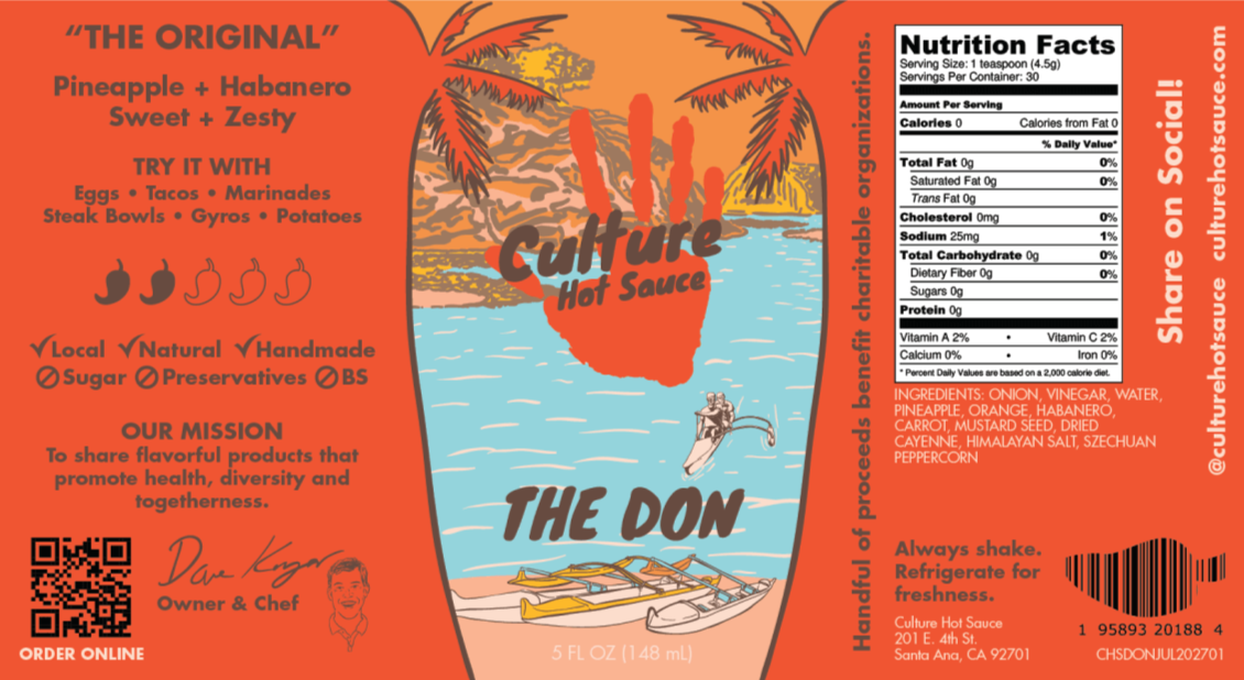 the don hot sauce label, culture hot sauce's original hot sauce, pineapple, habanero, mustard seed, bright and exciting flavor, classic flavor