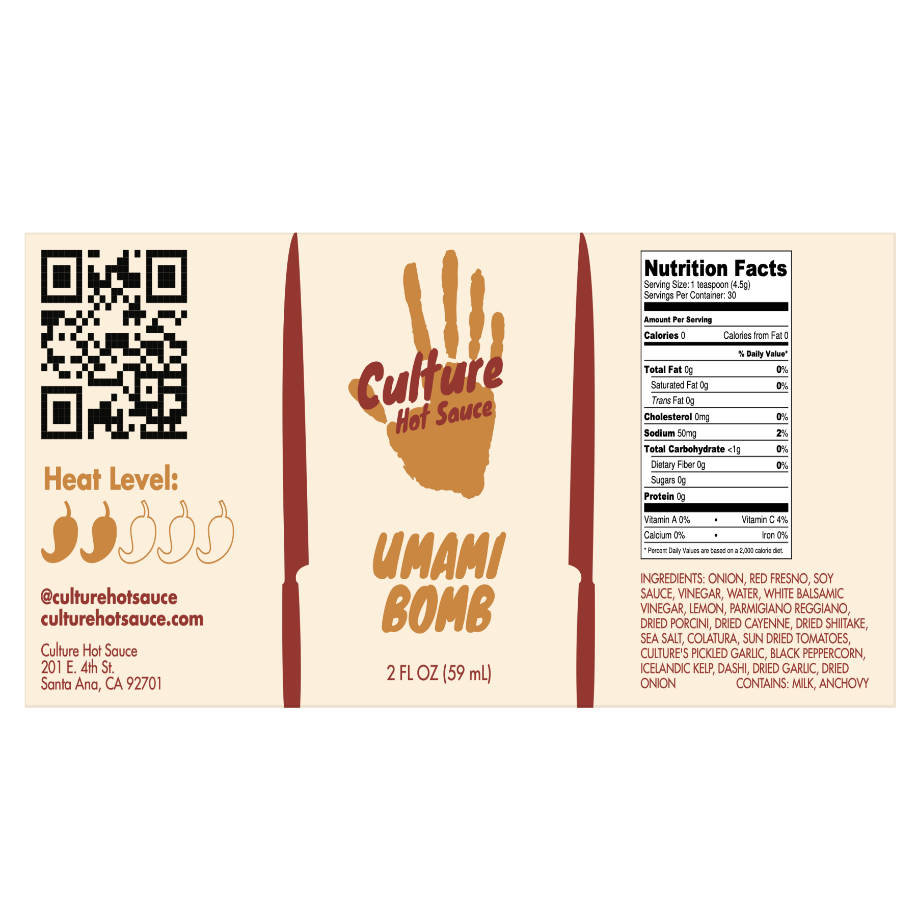 Umami Bomb Culture Hot Sauce Label- a Japanese-style hot sauce with an Italian flair, featuring pickled black garlic, colatura di Alici, ponzu, and a premium dashi blend. Bursting with natural umami richness, deep, lingering flavor with no added MSG.
Great on: Poke, steak, fried rice, ramen, Hawaiian dishes, chicken, dumplings, hot pot.
Ingredients: Onion, rice vinegar, chili pepper medley, tamari (gluten-free), water, yuzu, fish sauce, sun-dried tomato, porcini, sea salt, dried cayenne, pickled garlic