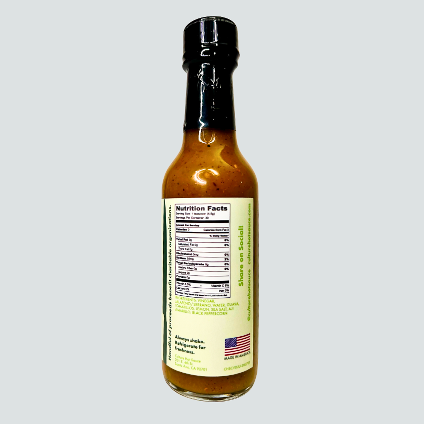 Roasted tomatillo and serrano peppers paired with sweet pineapple guava for a unique verde sauce.  This vibrant, medium-heat sauce includes ingredients like vinegar, jalapeño, aji amarillo, and black peppercorn.  Perfect for eggs, chicken, burritos, rice, soup, quesadillas, and salmon.  side label