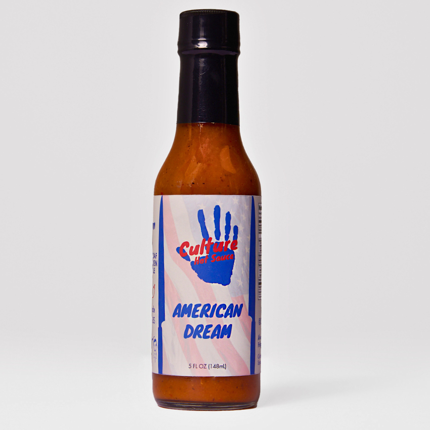 american dream hot sauce of ranch seasoning and sweet roasted corn in a classic hot sauce. American flag