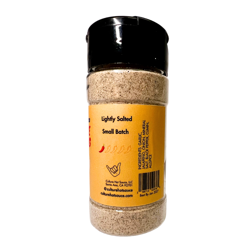 A bold, garlicky, and umami-packed seasoning blend featuring garlic, jalapeño, onion, mineral salt, black pepper, cumin, and allspice. Inspired by our best-selling Bar Sauce, this lightly salted blend is perfect for steak, potatoes, avocado toast, pizza, shrimp, chicken, eggs, popcorn, pasta, burgers, tacos, and cowboy butter. The ultimate made-for-everything garlic seasoning to enhance every meal with rich, savory depth.  spice jar side description
