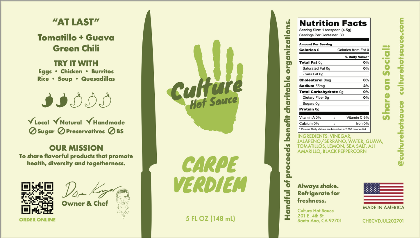 Roasted tomatillo and serrano peppers paired with sweet pineapple guava for a unique verde sauce.  This vibrant, medium-heat sauce includes ingredients like vinegar, jalapeño, aji amarillo, and black peppercorn.  Perfect for eggs, chicken, burritos, rice, soup, quesadillas, and salmon. full label