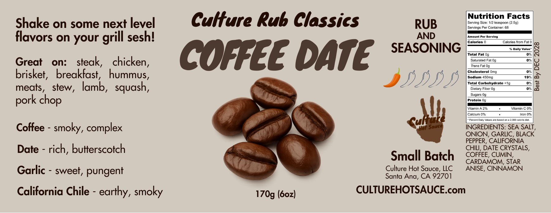 Coffee Date seasoning label highlighting smoky coffee, sweet dates, California chile, and warming spices, an artisan dry rub for steak, BBQ, breakfast, and savory cooking.