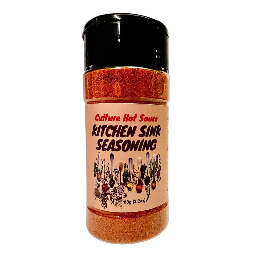 Kitchen Sink Rub– a warm, sweet, earthy, and pungent spice blend with mild chili, garam masala, garlic, onion, mineral salt, and aromatic spices.  This lightly salted, all-encompassing blend enhances lamb, potatoes, meats, stews, chicken, beef, cauliflower, squash, hummus, casseroles, vegetables, and ribs.  Perfect for adding depth and balance to any dish! spice jar front seasoning