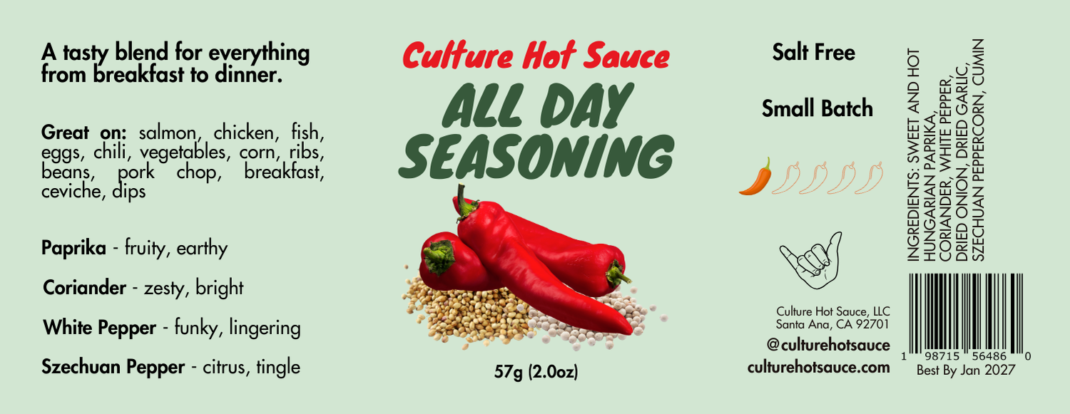 A vibrant, salt-free all-purpose seasoning blend featuring Hungarian paprika, dried garlic, dried onion, coriander seed, white pepper, and Szechuan peppercorn for a bold, zesty, and citrus-forward flavor with a lingering kick. Perfect as a rub or seasoning for salmon, chicken, fish, eggs, chili, vegetables, corn, ribs, beans, pork chops, breakfast, ceviche, and dips. Elevate your dishes with this aromatic, well-balanced spice mix! A tasty blend for everything from breakfast to dinner. Spice label image.