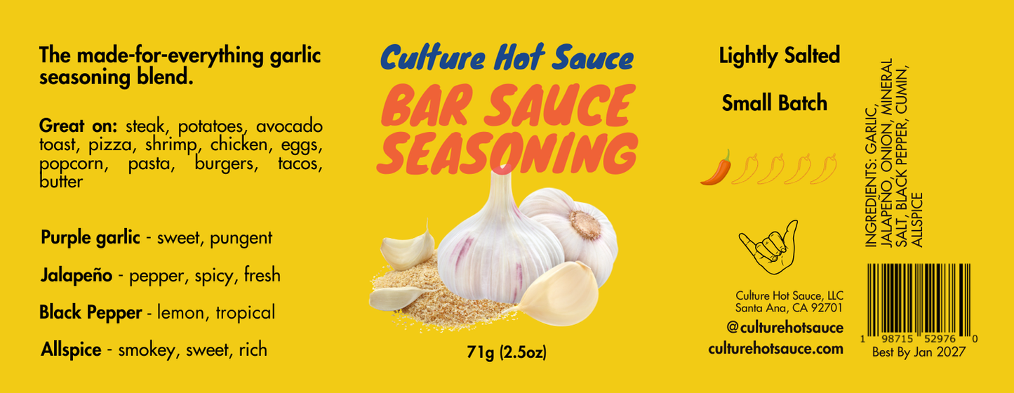 A bold, garlicky, and umami-packed RUB seasoning blend featuring garlic, jalapeño, onion, mineral salt, black pepper, cumin, and allspice. Inspired by our best-selling Bar Sauce, this lightly salted blend is perfect for steak, potatoes, avocado toast, pizza, shrimp, chicken, eggs, popcorn, pasta, burgers, tacos, and cowboy butter. The ultimate made-for-everything garlic seasoning to enhance every meal with rich, savory depth.  full spice label