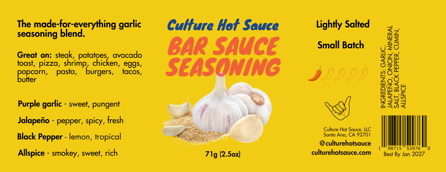 A bold, garlicky, and umami-packed RUB seasoning blend featuring garlic, jalapeño, onion, mineral salt, black pepper, cumin, and allspice. Inspired by our best-selling Bar Sauce, this lightly salted blend is perfect for steak, potatoes, avocado toast, pizza, shrimp, chicken, eggs, popcorn, pasta, burgers, tacos, and cowboy butter. The ultimate made-for-everything garlic seasoning to enhance every meal with rich, savory depth.  full spice label