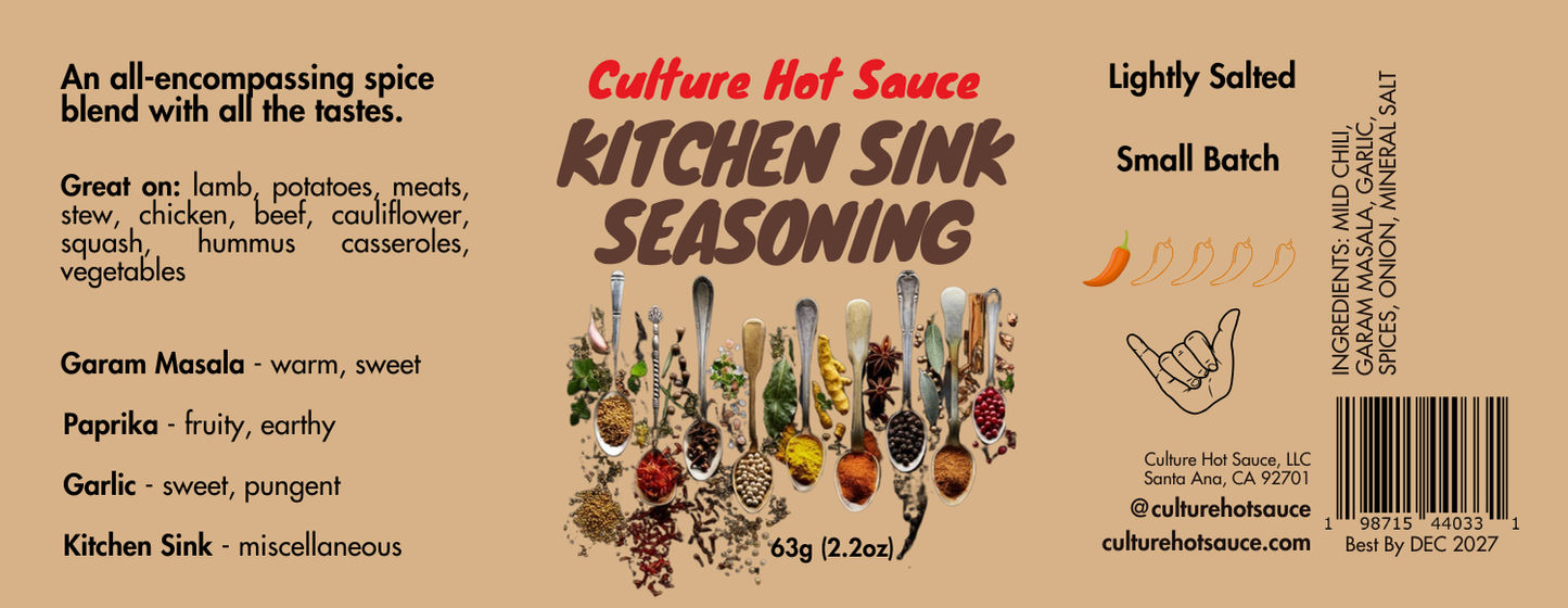 Kitchen Sink Seasoning – a warm, sweet, earthy, and pungent spice blend with mild chili, garam masala, garlic, onion, mineral salt, and aromatic spices.  This lightly salted, all-encompassing blend enhances lamb, potatoes, meats, stews, chicken, beef, cauliflower, squash, hummus, casseroles, vegetables, and ribs.  Perfect for adding depth and balance to any dish!  Spice jar label